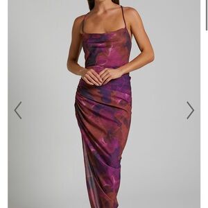 Hermae Ruched Side Split Tie Back Slip Midi Dress In Blurred Dreams